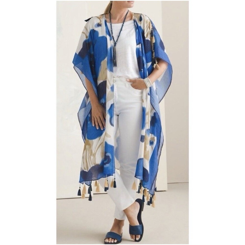 ANTHROPOLOGIE Aratta Silent Journey Tassel Kimono Jacket Top One Size Blue Gold
